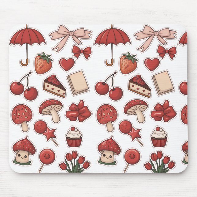 Cute Red Aesthetic Mushroom Strawberry Dessert Pat Mouse Mat (Front)