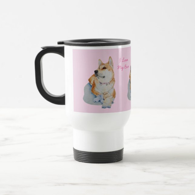 cute red akita with teddy bear picture of dog travel mug (Left)