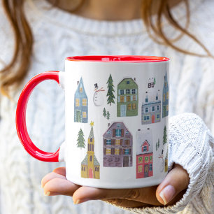 Cute red Alpine ski lodge winter houses Christmas Mug