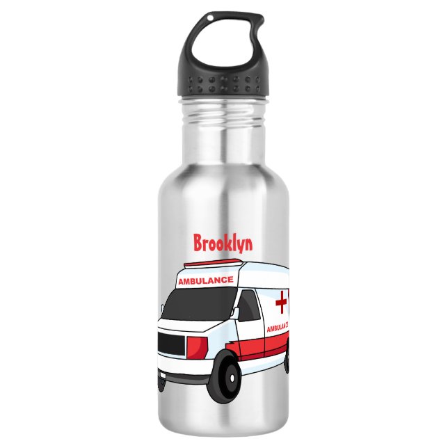 Cute red ambulance van cartoon 532 ml water bottle (Front)