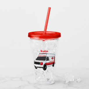 Cute red ambulance van cartoon  acrylic tumbler