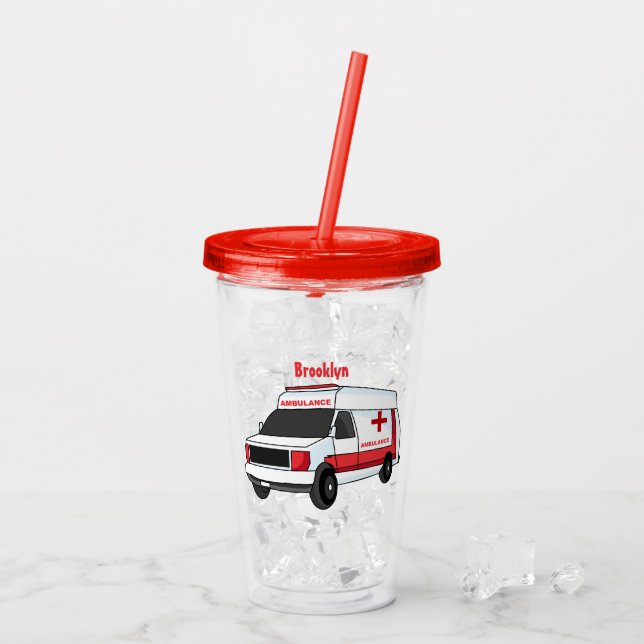 Cute red ambulance van cartoon  acrylic tumbler (Back Ice)