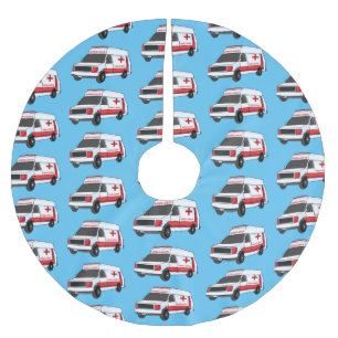 Cute red ambulance van cartoon brushed polyester tree skirt