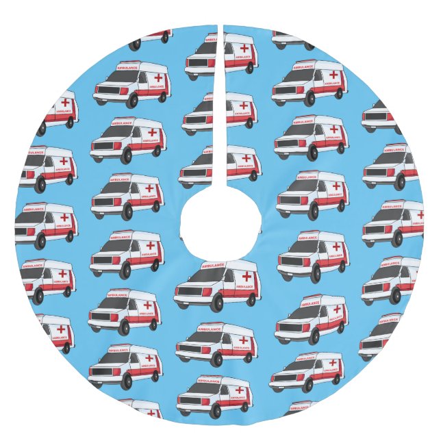 Cute red ambulance van cartoon brushed polyester tree skirt (Front)