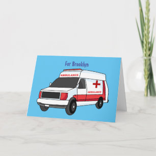 Cute red ambulance van cartoon card