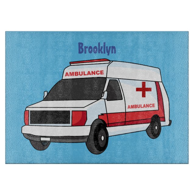 Cute red ambulance van cartoon cutting board (Front)