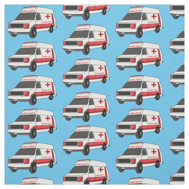 Cute red ambulance van cartoon  fabric (Swatch)