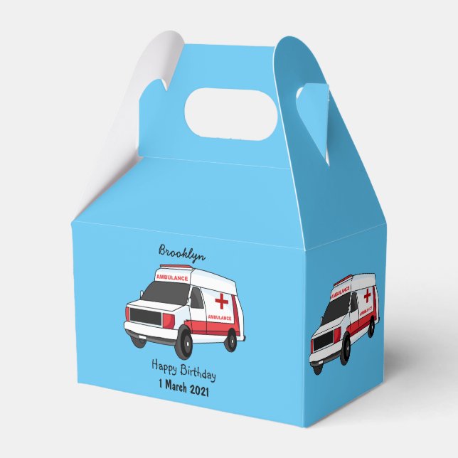 Cute red ambulance van cartoon favour box (Front Side)