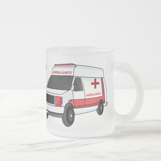 Cute red ambulance van cartoon frosted glass coffee mug (Right)