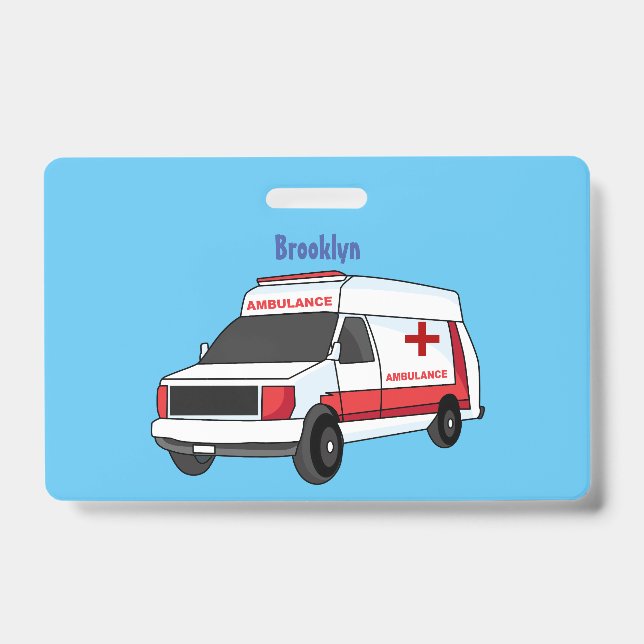 Cute red ambulance van cartoon ID badge (Front)