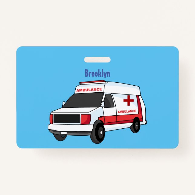 Cute red ambulance van cartoon ID badge (Front)