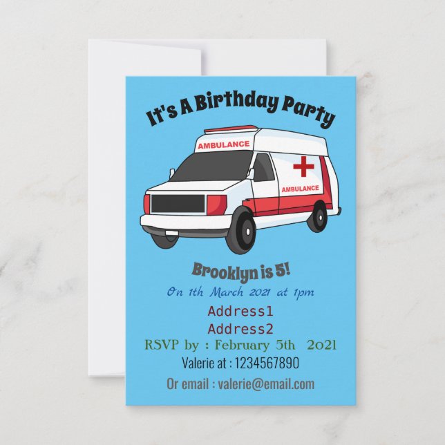 Cute red ambulance van cartoon invitation (Front)