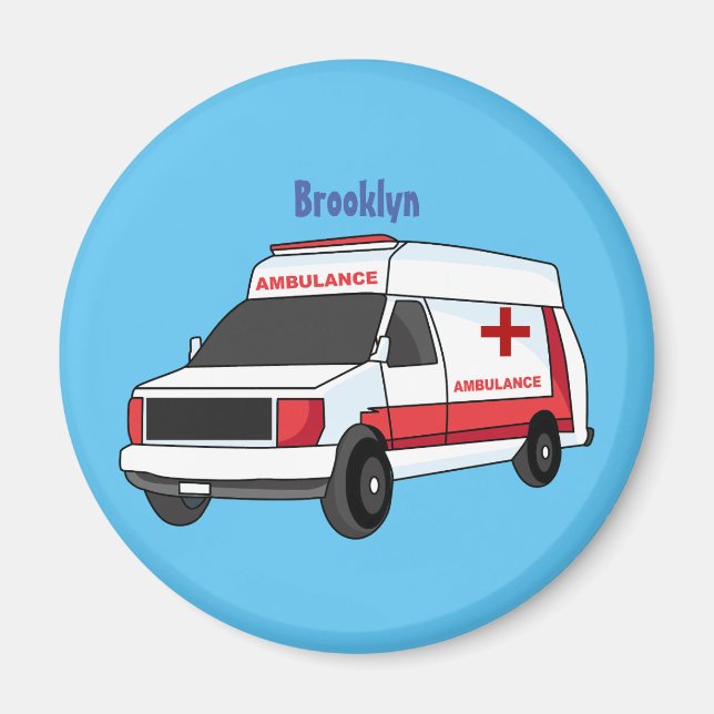 Cute red ambulance van cartoon magnet (Front)