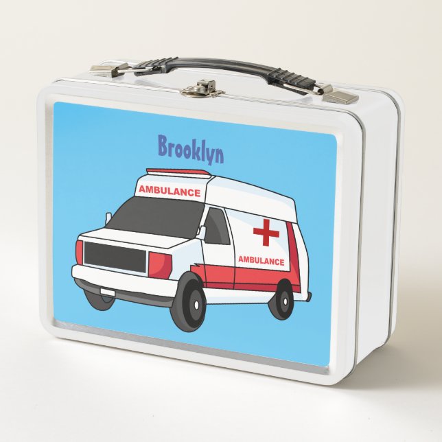 Cute red ambulance van cartoon  metal lunch box (Front)