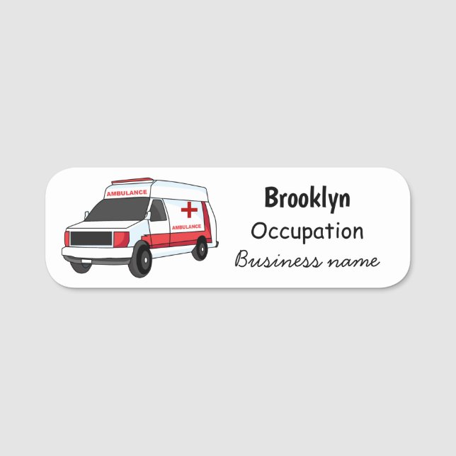 Cute red ambulance van cartoon name tag (Front)