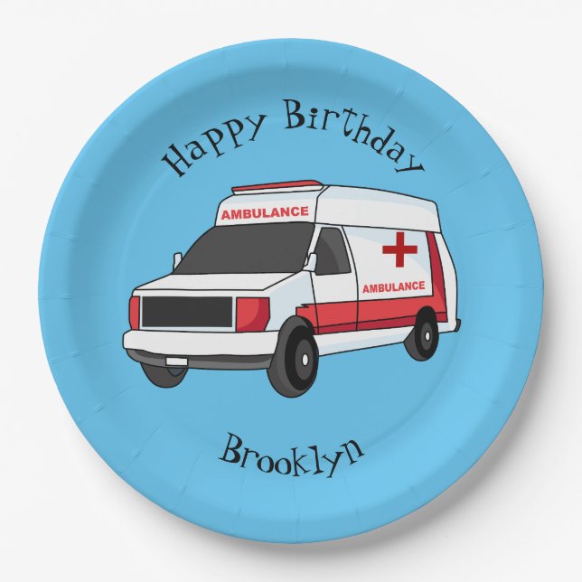 Cute red ambulance van cartoon paper plate (Front)