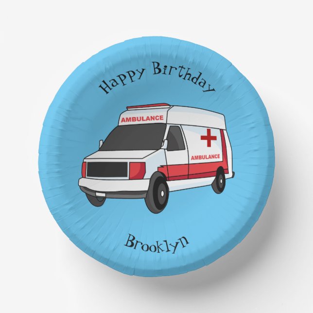 Cute red ambulance van cartoon paper plate (Front)
