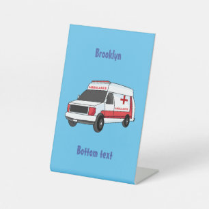 Cute red ambulance van cartoon pedestal sign