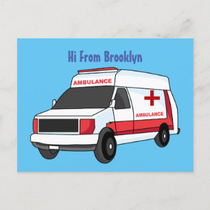 Cute red ambulance van cartoon postcard