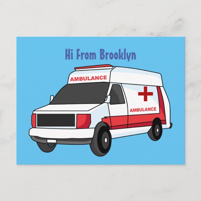 Cute red ambulance van cartoon postcard (Front)