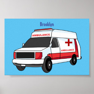 Cute red ambulance van cartoon poster
