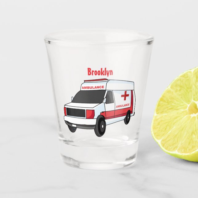 Cute red ambulance van cartoon  shot glass (Front)