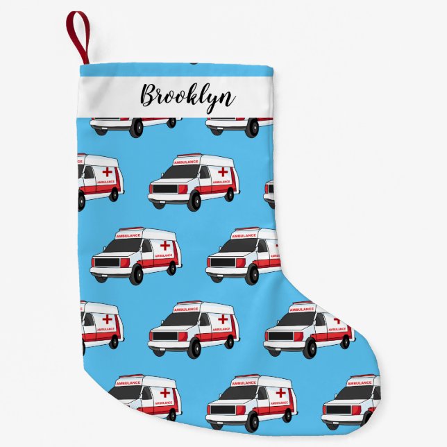 Cute red ambulance van cartoon small christmas stocking (Front)