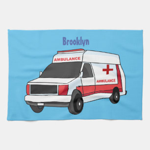 Cute red ambulance van cartoon tea towel