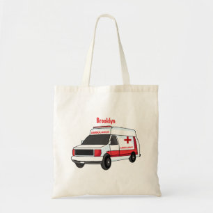 Cute red ambulance van cartoon tote bag