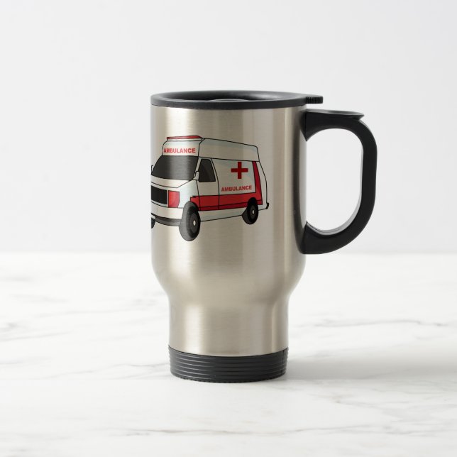 Cute red ambulance van cartoon travel mug (Right)