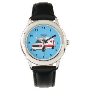 Cute red ambulance van cartoon watch