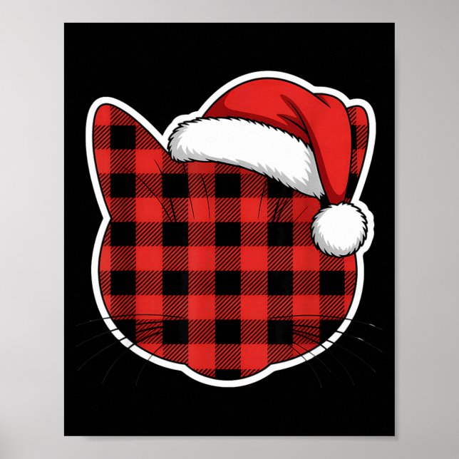 Cute Red And Black Buffalo Plaid Cat Christmas San Poster (Front)