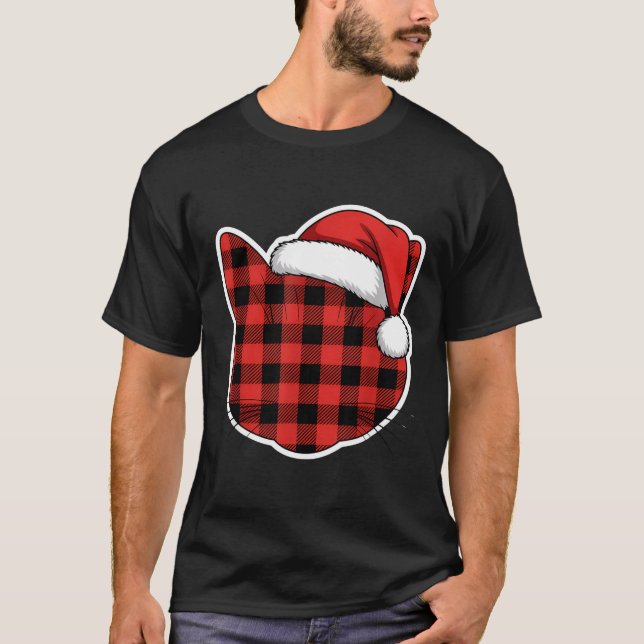 Cute Red And Black Buffalo Plaid Cat Christmas San T-Shirt (Front)