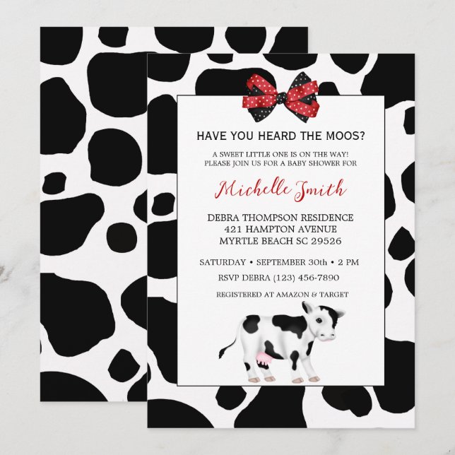 Cute Red and Black Cow Print Baby Shower   Invitation (Front/Back)