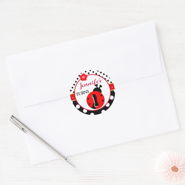Cute Red and Black Ladybug Classic Round Sticker (Envelope)