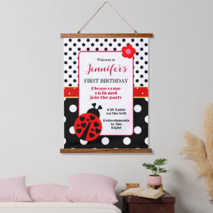 Cute Red and Black Ladybug Welcome Sign Hanging Tapestry