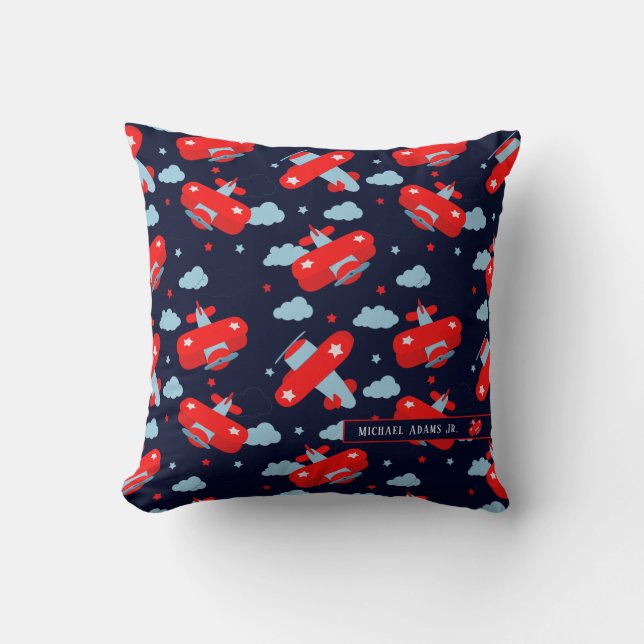Cute Red and Blue Planes and Clouds Kids Monogram  Cushion (Front)