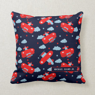 Cute Red and Blue Planes and Clouds Kids Monogram  Cushion