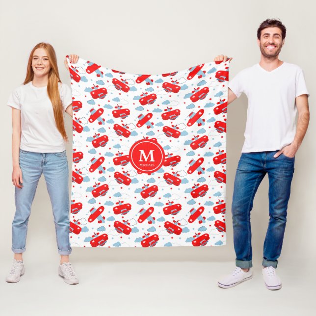Cute Red and Blue Planes and Clouds Kids Monogram Fleece Blanket (In Situ)