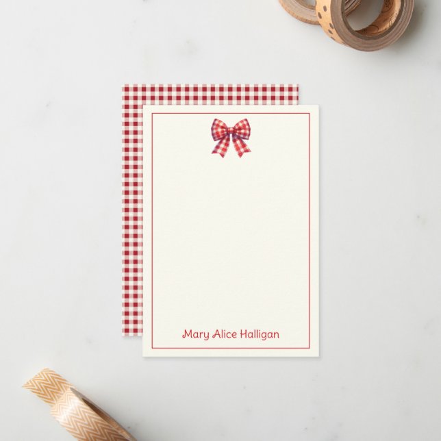 Cute Red and Cream Gingham Bow Card (Front/Back In Situ)