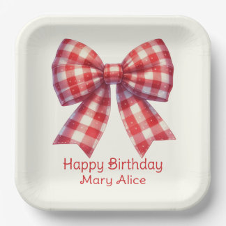 Cute Red and Cream Gingham Bow Paper Plate
