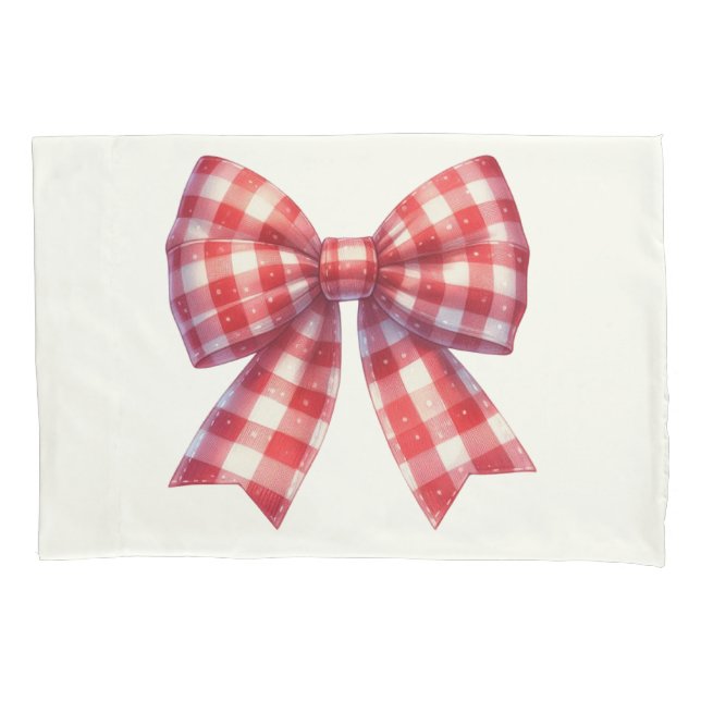 Cute Red and Cream Gingham Bow Pillowcase (Front)