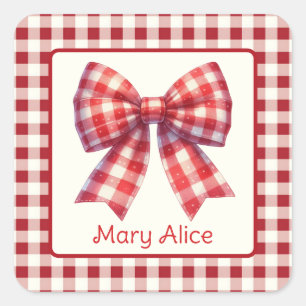 Cute Red and Cream Gingham Bow Square Sticker