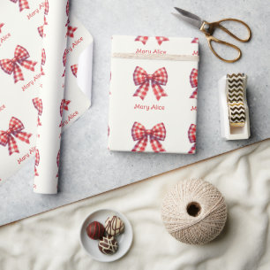 Cute Red and Cream Gingham Bow Wrapping Paper