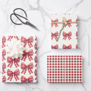 Cute Red and Cream Gingham Bow Wrapping Paper Sheet
