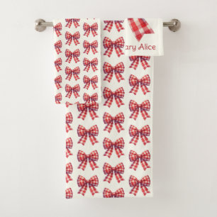 Cute Red and Cream Gingham Bows Bath Towel Set