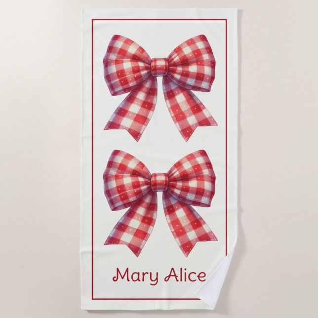 Cute Red and Cream Gingham Bows Beach Towel (Front)