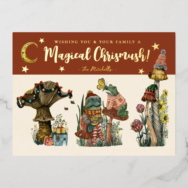 Cute Red and Gold Merry Magic Mushroom Christmas  Foil Holiday Postcard (Front)