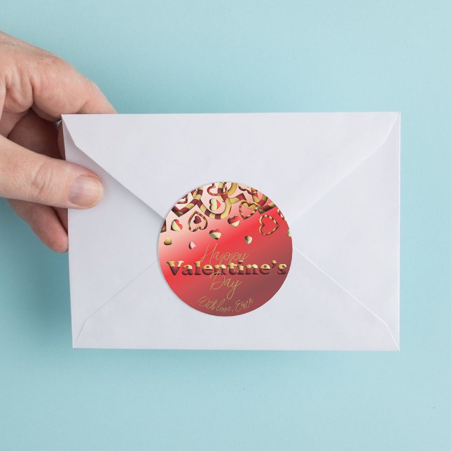 Cute Red And Gold Striped Hearts Valentine's Day Classic Round Sticker (Creator Uploaded)