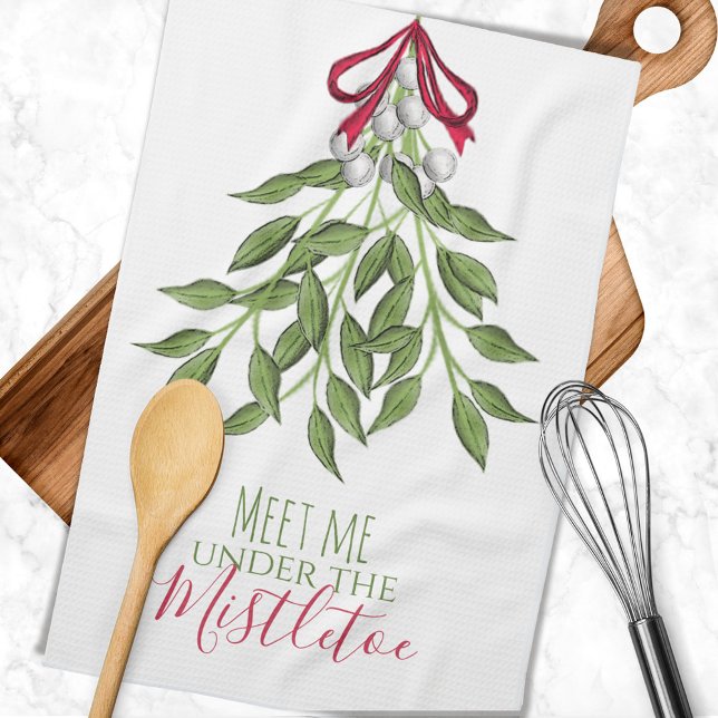 Cute Red and Green Botanical Christmas Tea Towel (Merry mistletoe custom kitchen towel.)
